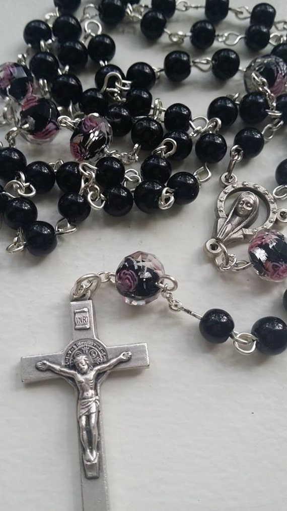 Traditional Rosary Pink and Black beads by ARingAroundTheRoses