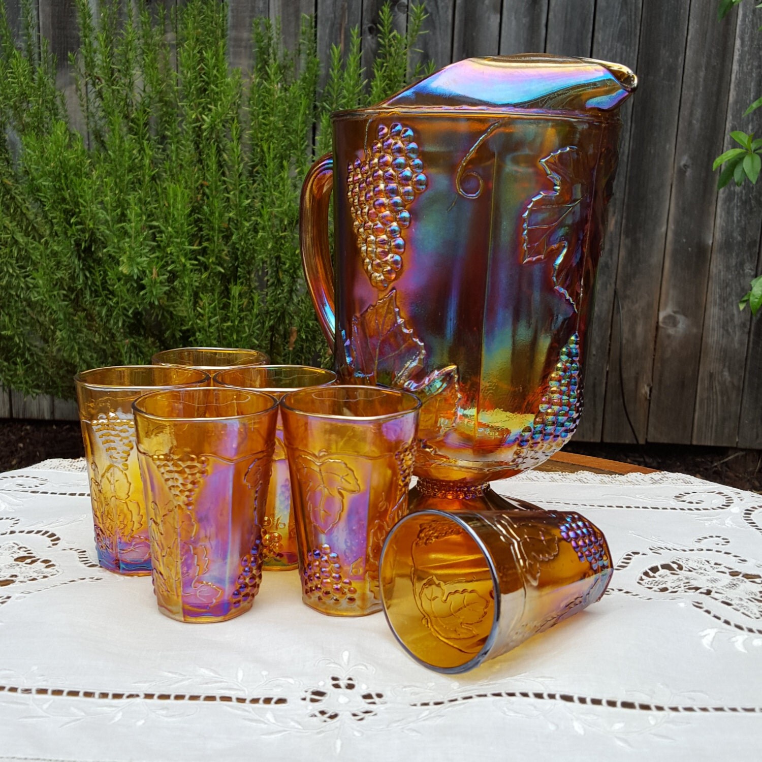 Indiana Amber Carnival Glass Pitcher and Juice Glasses