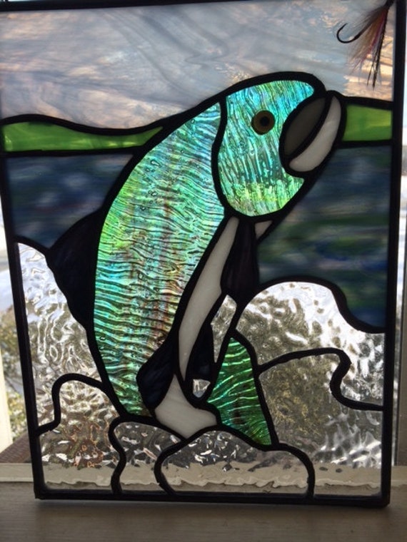Jumping Fish Stained Glass Panel by DoghouseStainedGlass on Etsy