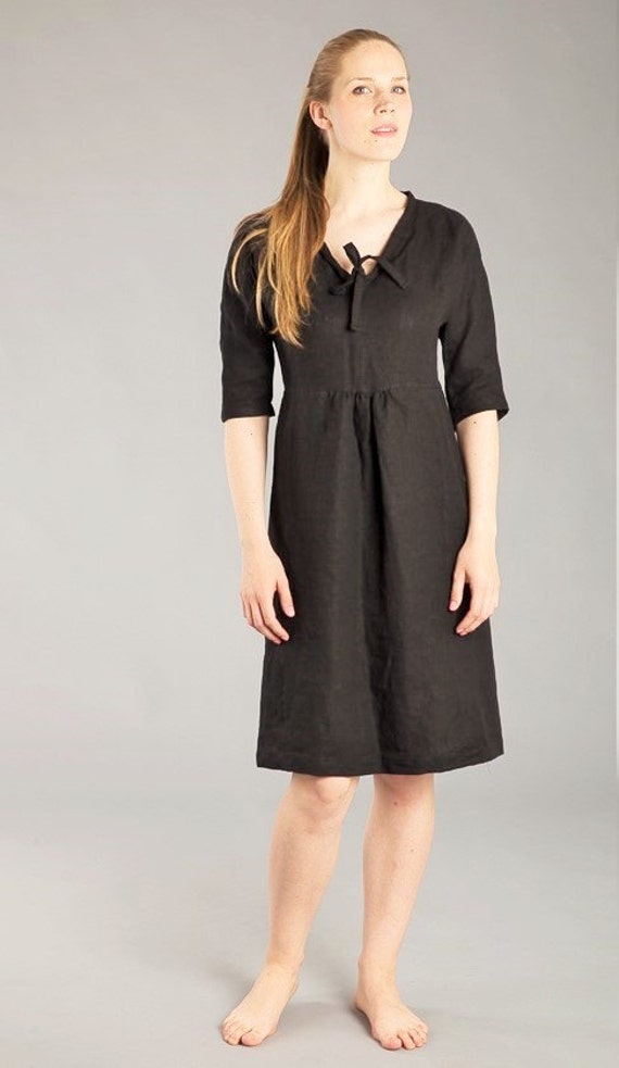 Linen Dress / Black Linen Work Dress / Washed Linen Feminine