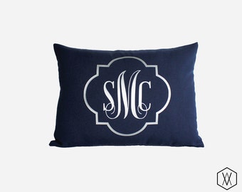 Silver Monogram Throw Pillow Cover - Gold, Silver, and More - Quatrefoil Monogram Pillow Sham - Navy