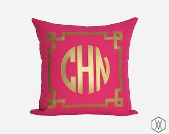 Gold Monogram Throw Pillow Cover - Gold, Silver, and More - Chinoise Greek Monogram Pillow Sham - Fuchsia