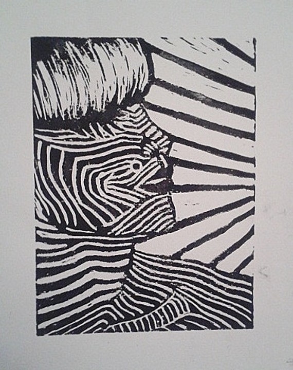 Black and white Psychedelic Punk Lino Block Print.