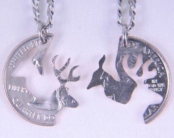 HS001-Buck and Doe set of couple jewelry pendant necklaces, interlocking quarter coin for love, friendship, wedding gift