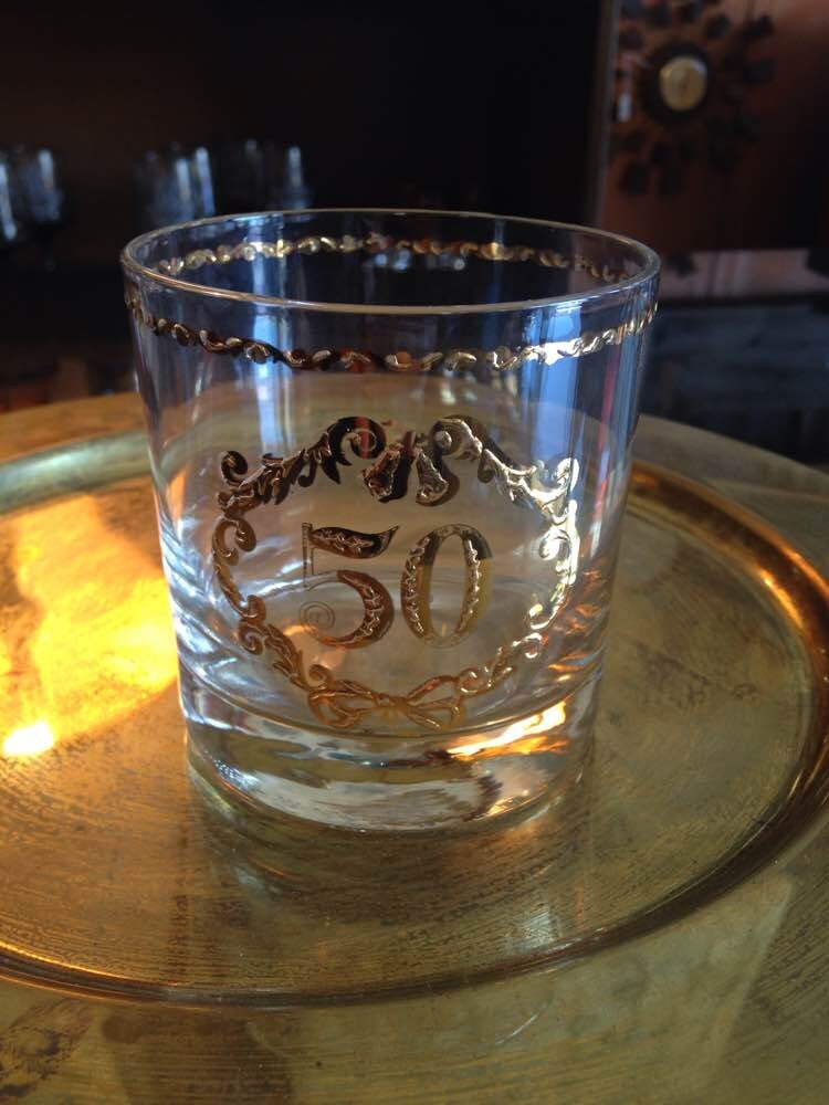 Set 7 Gold Embossed “50” Bar Rocks Glasses Haute Juice