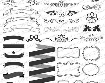 Ornate Banner Clipart, Frame Clipart, Border Clipart, Ribbon Clipart, Wedding Clipart PNG & Vector EPS, AI Design Elements Instant Download