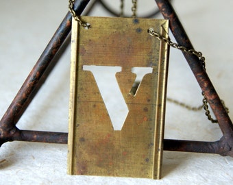 Letter V Necklace - Vintage Brass Stencil Letter Necklace - capital V - personalized jewelry - Rustic - Reclaimed - Other Letters Available