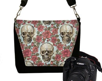 Womens Padded DSLR Camera Bag Slr Camera Bag Purse Messenger Bag Zipper Pocket Deluxe Skulls Roses MTO