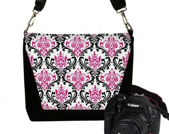 SALE Digital SLR Camera Bag Dslr Camera Bag Purse Womens Camera Bag Case Zipper Padded Madison Damask Pink Black White RTS