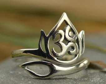 Om Lotus Ring - Adjustable - Sterling Silver