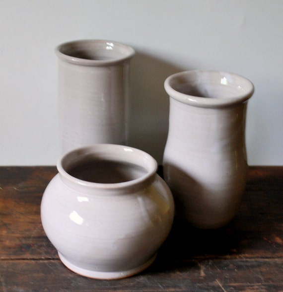 Items similar to Ceramic White Vases Set of Three Stoneware Clay