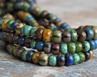 6/0 Czech Glass Bead Caribbean Blue Aged Striped Picasso Seed Bead Mix : 10 inch Strand 6/0 Seed Bead Mix