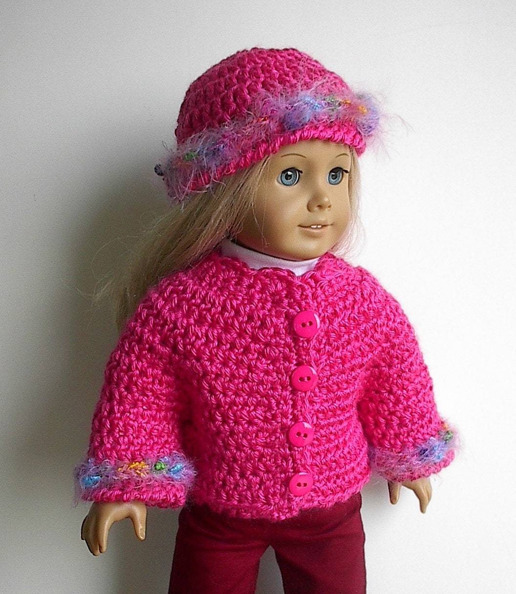 18 Inch Doll Clothes Crocheted Jacket and Hat in Bright Pink