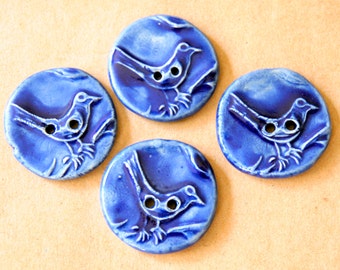4 Ceranic Bird Buttons - Handmade Stoneware Bird Buttons in Gloss Blue