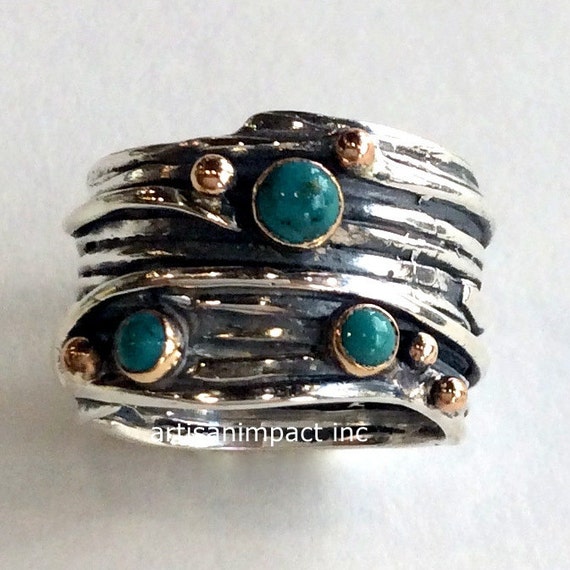 Unique silver ring, multi stones ring, silver gold ring, turquoises ...