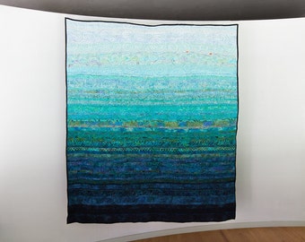 Modern Quilt Queen Size Art Quilt Minimalist Turquoise Ocean Quilt Contemporary Handmade Modern Quilt Queen Bedding Sea Quilts Fiber Art Bed