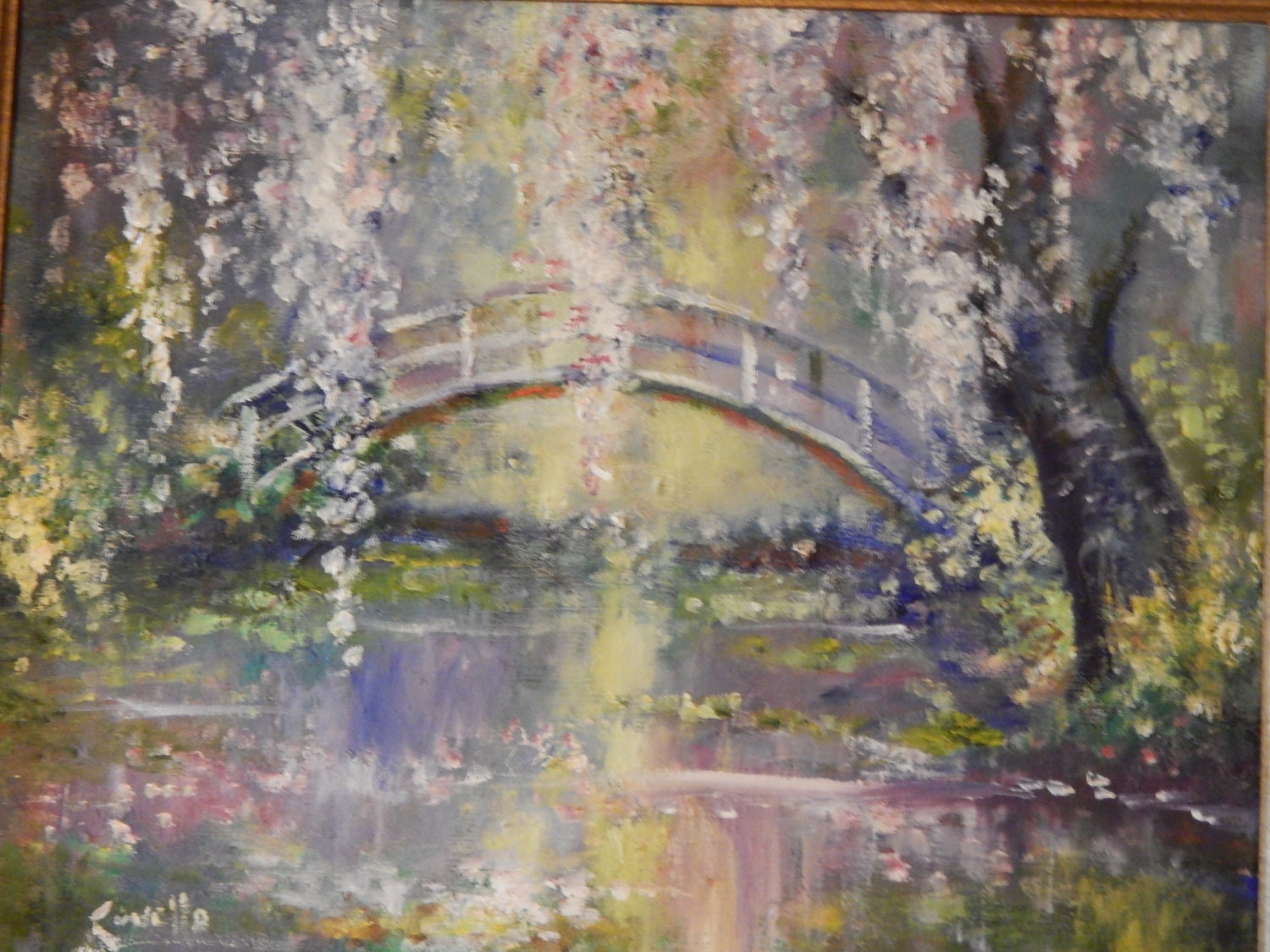 Oil Painting Bridge over Water with Cherry Blossoms