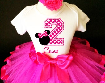 Hot Pink Minnie Mouse White Polka dots dotted 2nd Second Girl Birthday Tutu Outfit Custom Personalized Name Age Party Shirt Set
