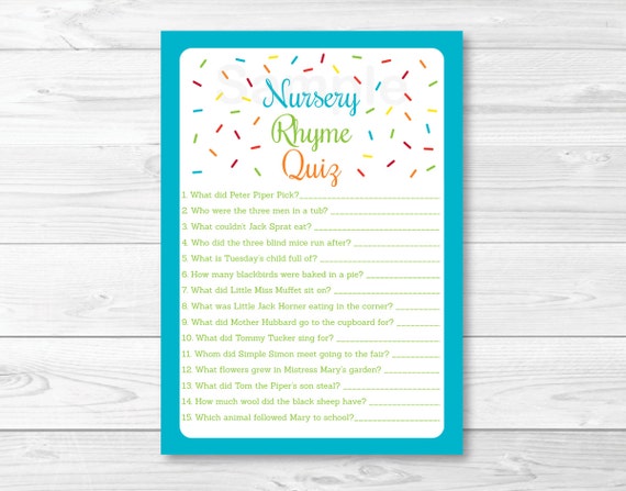 Baby Sprinkle Rainbow Blue Baby Shower Nursery Rhyme Quiz Game Printable