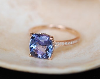 Tanzanite Ring. Rose Gold Engagement Ring Lavender Mint Tanzanite cushion cut halo engagement ring 14k rose gold.