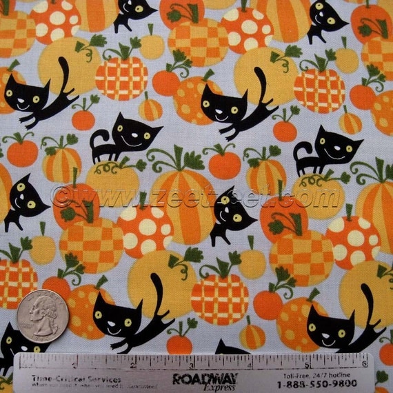BLACK CAT Orange Pumpkin Grey Halloween Cotton Quilt Fabric