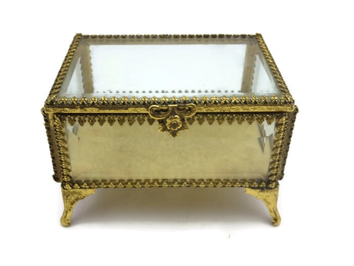 Vintage Glass Casket Beveled Glass Ormolu Jewelry Box, Gold Velvet