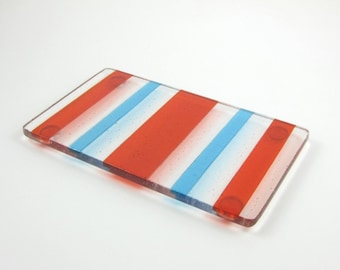 Orange and Blue Spoon Rest - Striped Fused Glass Spoon Rest - Orange and Blue Butter Dish - Glass Spoon Rest