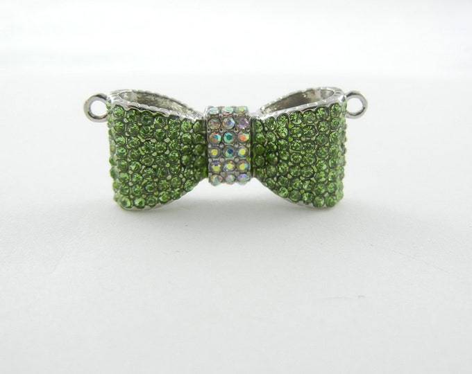 Dimensional Green Peridot Rhinestone Bow Pendant Double Link