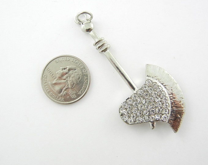 Silver-tone Medieval Axe or Hatchet Pendant with Doublesided Rhinestones