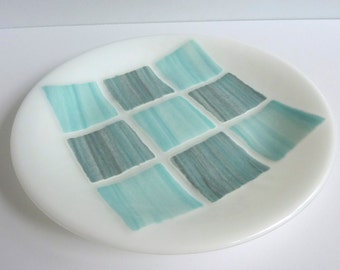Fused Glass Round Plate in Shades of Aqua, White and Gray by BPRDesigns