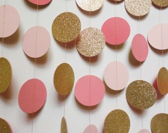 Blush Pink, Coral and Gold Glitter Circle Garland, Paper Dot Garland, Wedding Reception Decor, Bridal Shower Decoration