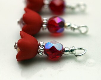 Red Baby Bell Lucite Flower with Czech Crystal Bead Dangle Charm Drop Sets
