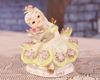 Lefton Angel Saturdays Child Golden Wings 1960s Green dress Roses little girl
