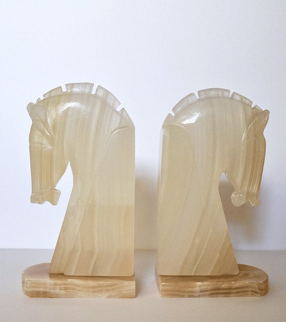 Vintage Handcarved Alabaster Horse Head Bookends