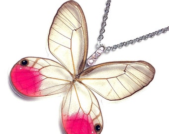 Real Butterfly Wing Necklace / Pendant (WHOLE Cithaerias Merolina - Pink Glasswing Butterfly - W010)