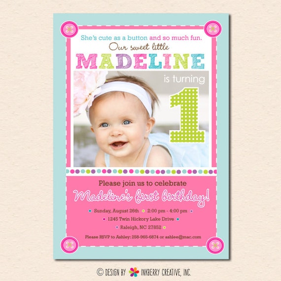 Cute as a Button - First Birthday Party Invitation (Digital File OR Cardstock Printed Cards Also Available) Il_570xn