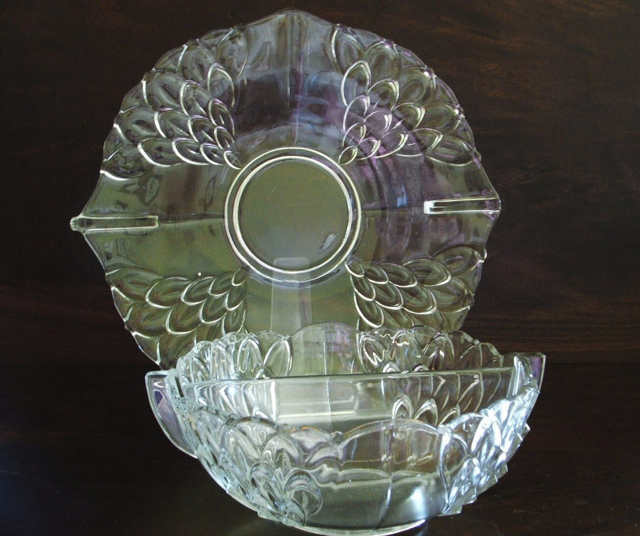 Divided Serving Bowl & Plate, Raised Petal Elegant Glass, clear, dining
