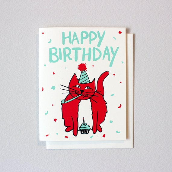 Happy Birthday Fat Cat Screen Printed Greeting Card