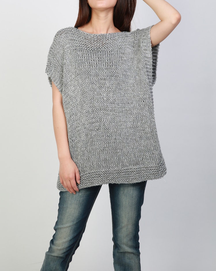 Hand knit Tunic sweater grey eco cotton woman sweater by