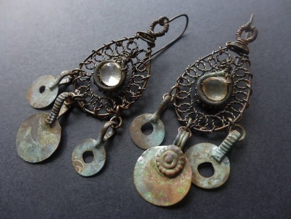 History's Rubbish. Vintage wire work and Kuchi earrings with lemon citrine rustic assemblage Victorian tribal.