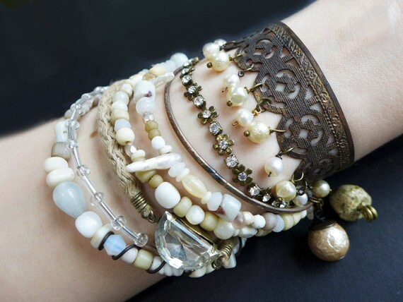 Beach Sand 2. Bangle stack. Rustic tribal gypsy bracelet set with cuff in white and beige.