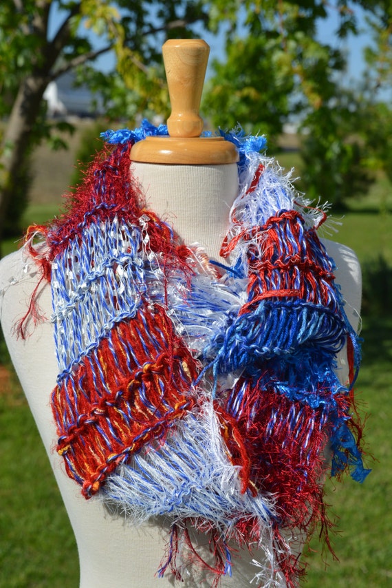 Red White and Blue Scarf Hand Knit Fringed Infinity Scarf
