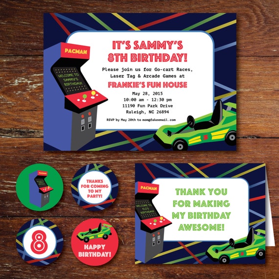 Arcade game, go-cart, laser tag birthday party invitation set (custom ...