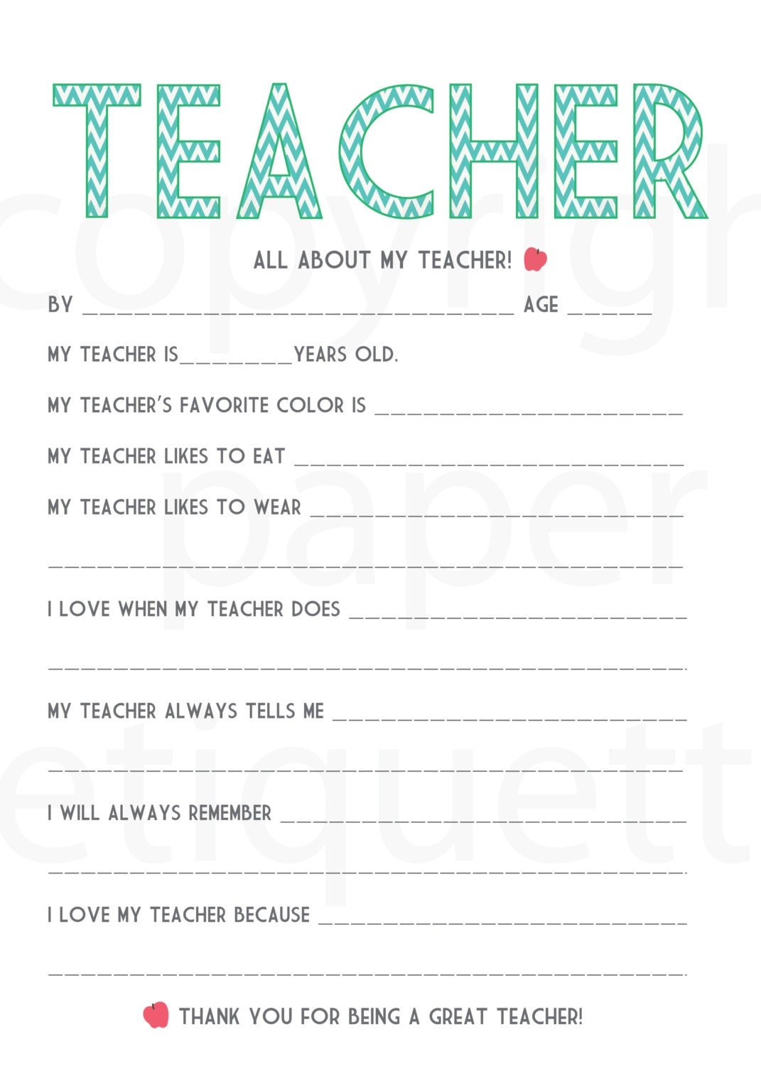 All About My Teacher Teacher Appreciation By Paperetiquette