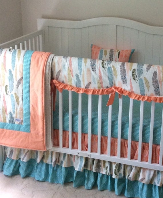 Crib Bedding Set in Peach and Teal Feathers by butterbeansboutique