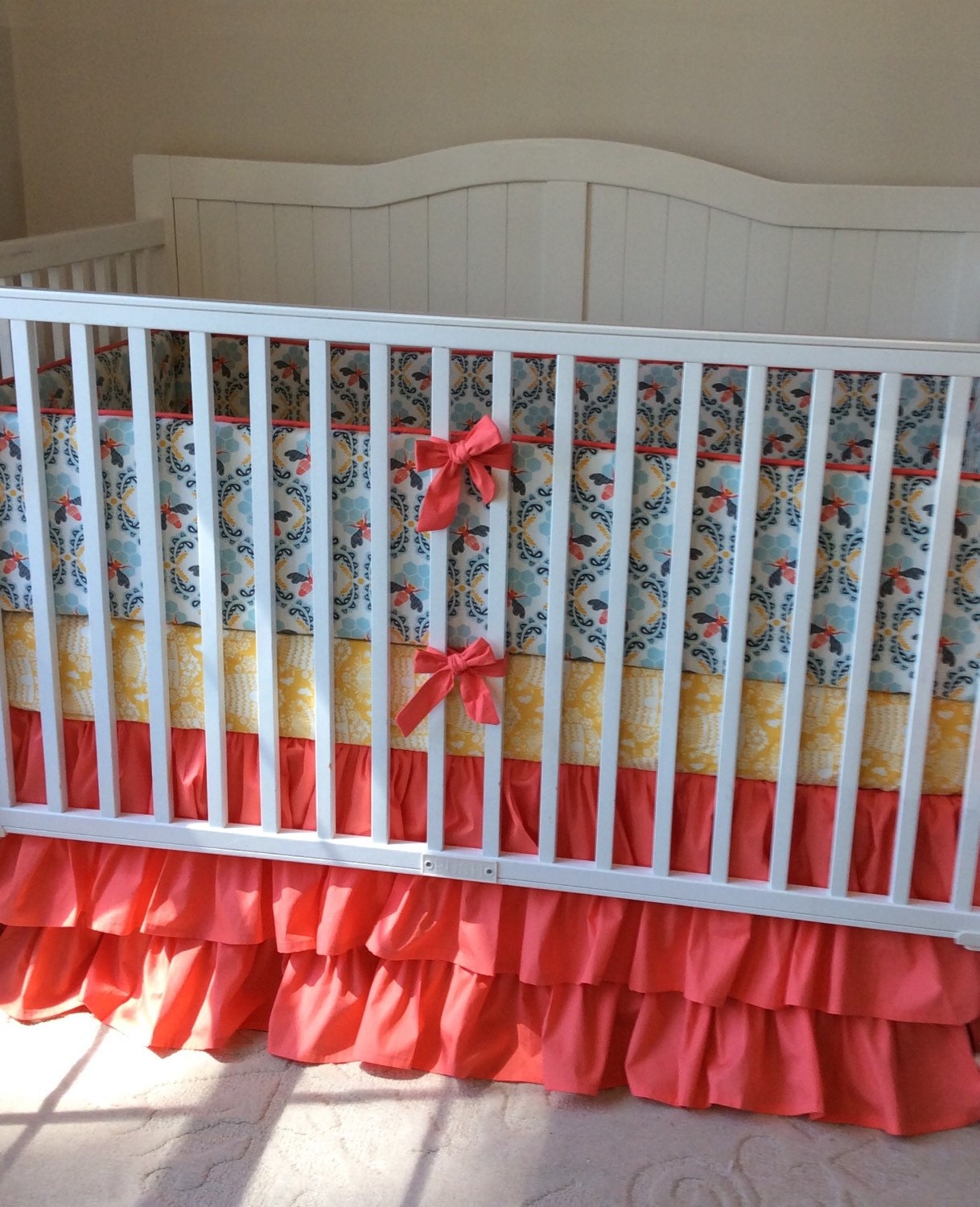Honeybee Crib Bedding Set Blue Yellow and Coral