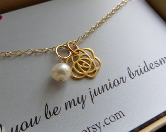 gift for junior bridesmaid jewelry & card, rose charm necklace, tiny pearl accent, will you be my junior bridesmaid card, weddings