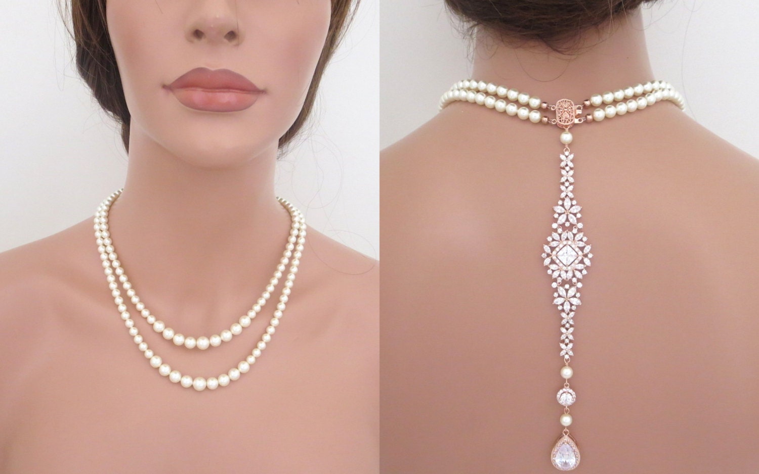 Pearl backdrop necklace Bridal back drop necklace Rose gold