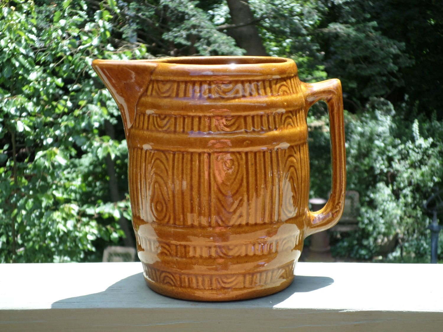 large 96oz antique stoneware PITCHER brown tree trunk wood