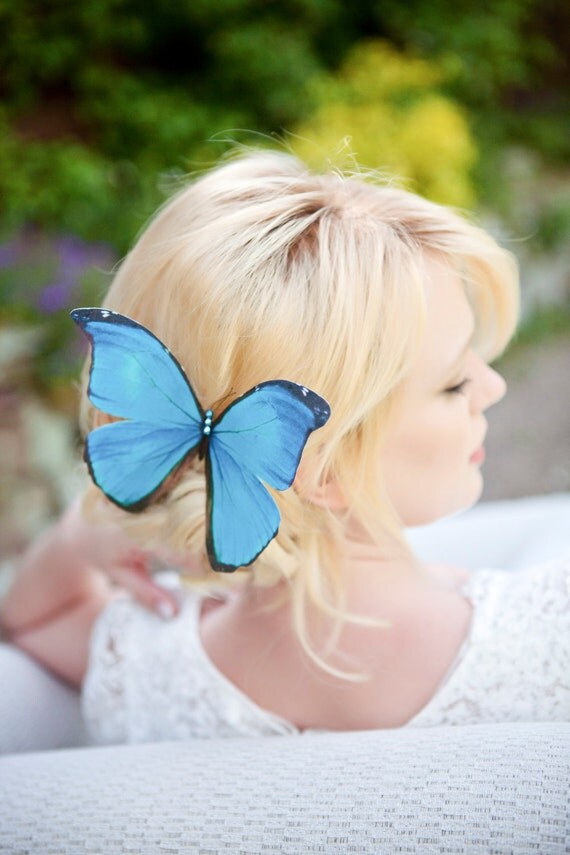 Hand Cut silk butterfly hair clip Large Blue Morpho A